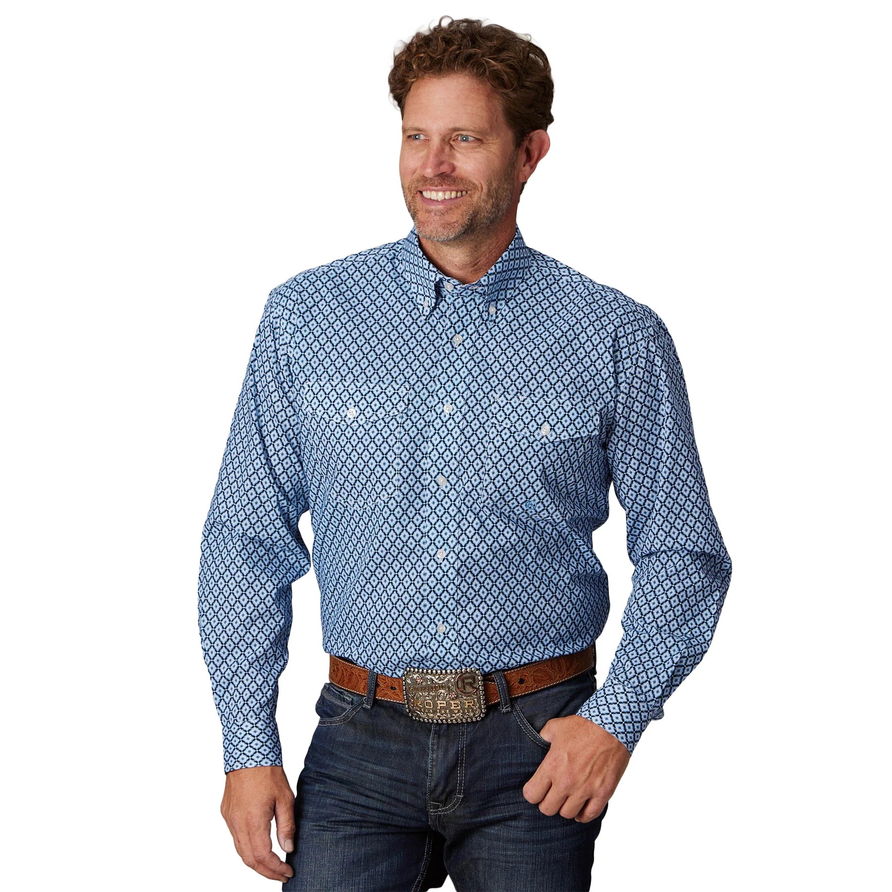 Roper Mns Amarillo Collection LS Print Shirt Blue
