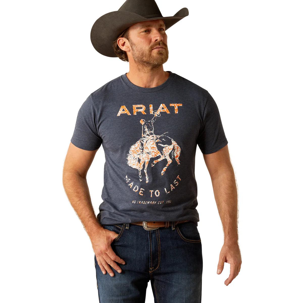 Ariat Mns Made to Last Bronco SS Tee Navy Heather