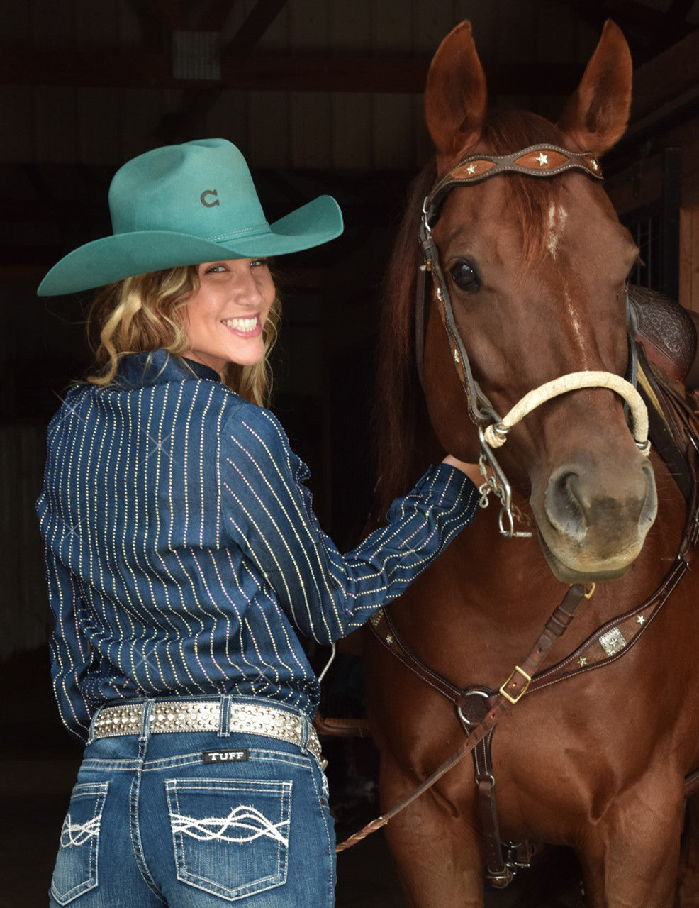 Cowgirl Tuff Pullover Button Up Dark UltraBreathe Denim with Crystal