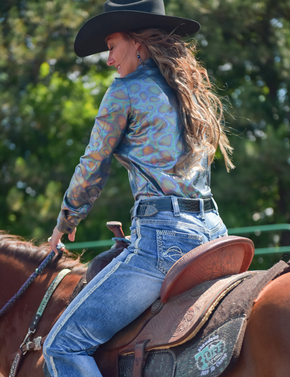 Cowgirl Tuff Pullover Button Up Multicolor Oil Print Lightweight Stretch Jersey