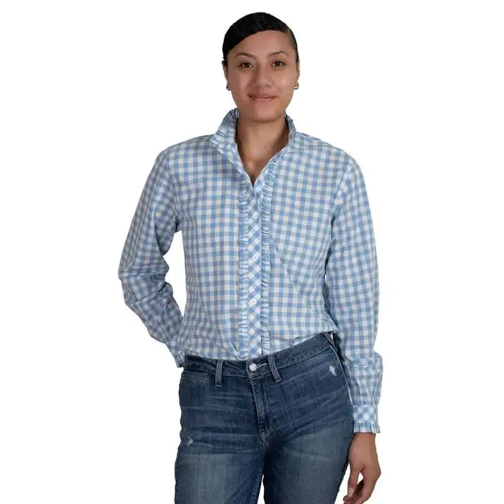 Just Country Wms Abbey Frills Full Button Print Workshirt Blue Check