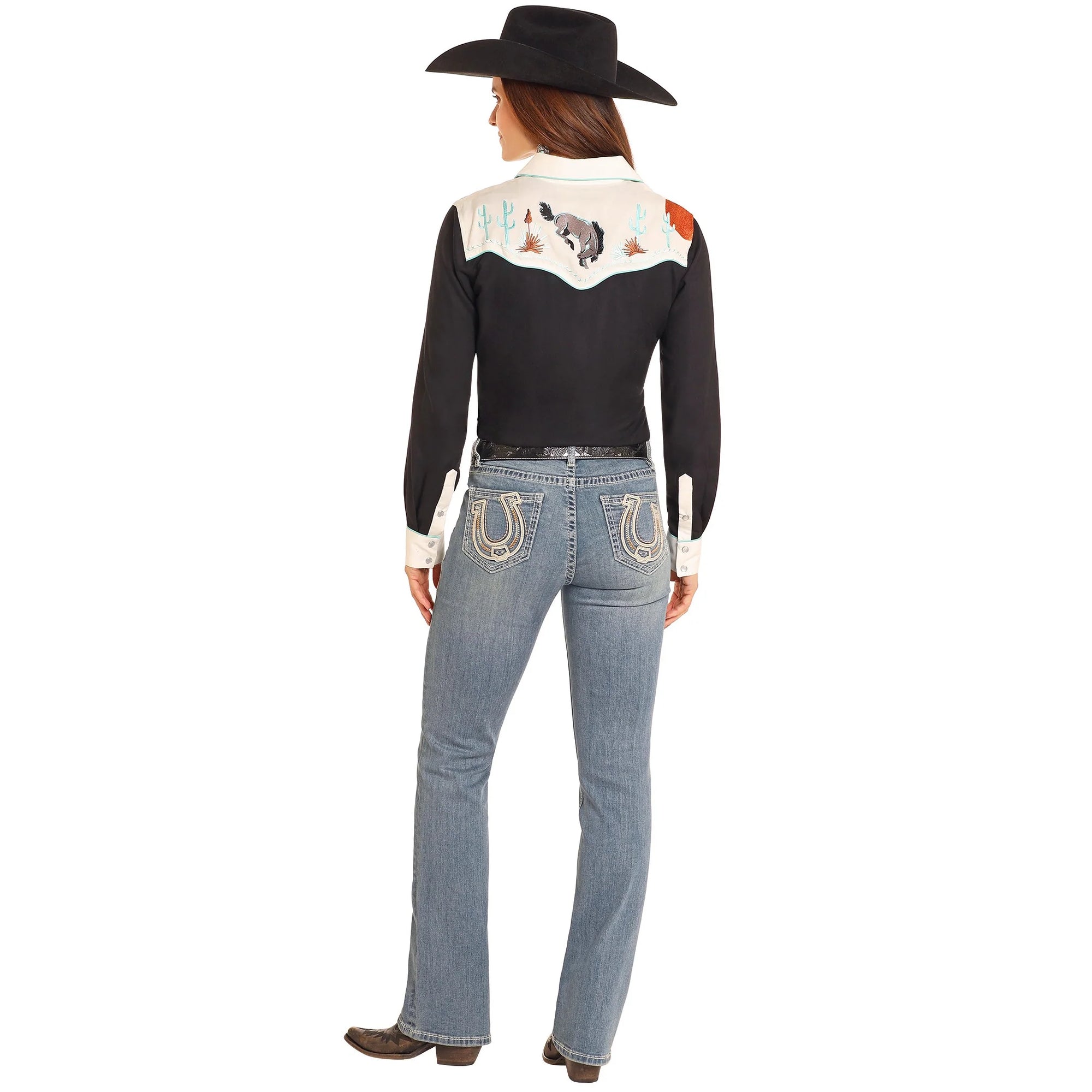 Panhandle Ladies Retro Horse Embroidery Black Snap Shirt