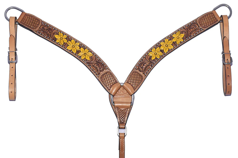 Daffodil Floral Hand Painted Horse Western Leather Breastplate Tan