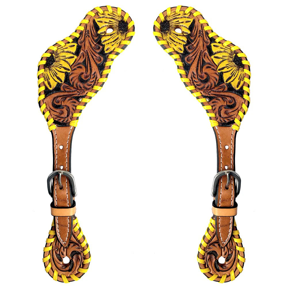 Ashton Yellow Floral Hand Painted Black Inlay Horse Western Leather Spur Strap Tan