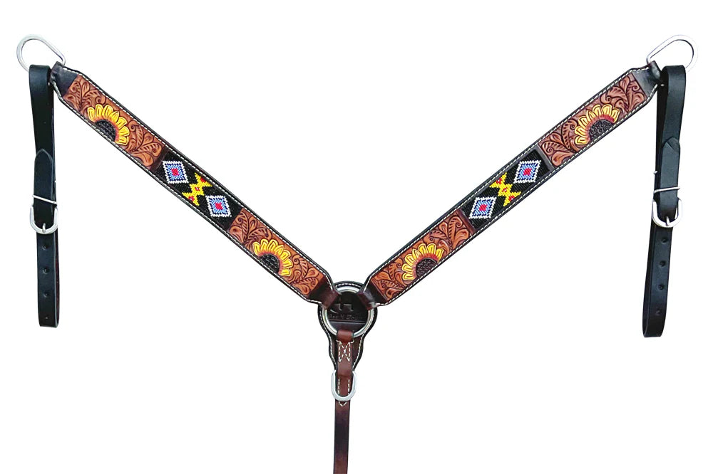 Sunflower Hand Painted and Beaded Western Leather Breastplate