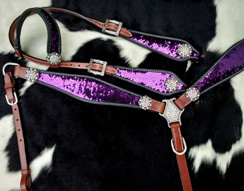 Showman Purple and Silver Sequins Inlay Single Ear Bridle and Breastplate Set