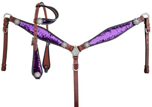 Showman Purple and Silver Sequins Inlay Single Ear Bridle and Breastplate Set