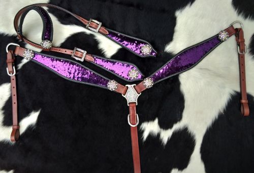 Showman Purple and Silver Sequins Inlay Single Ear Bridle and Breastplate Set