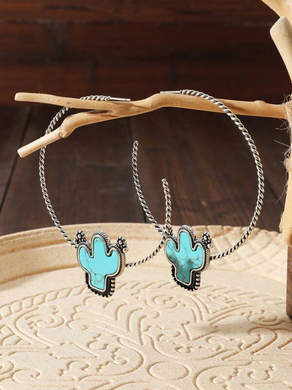 Turquoise Décor Cactus Design Hoop Earrings