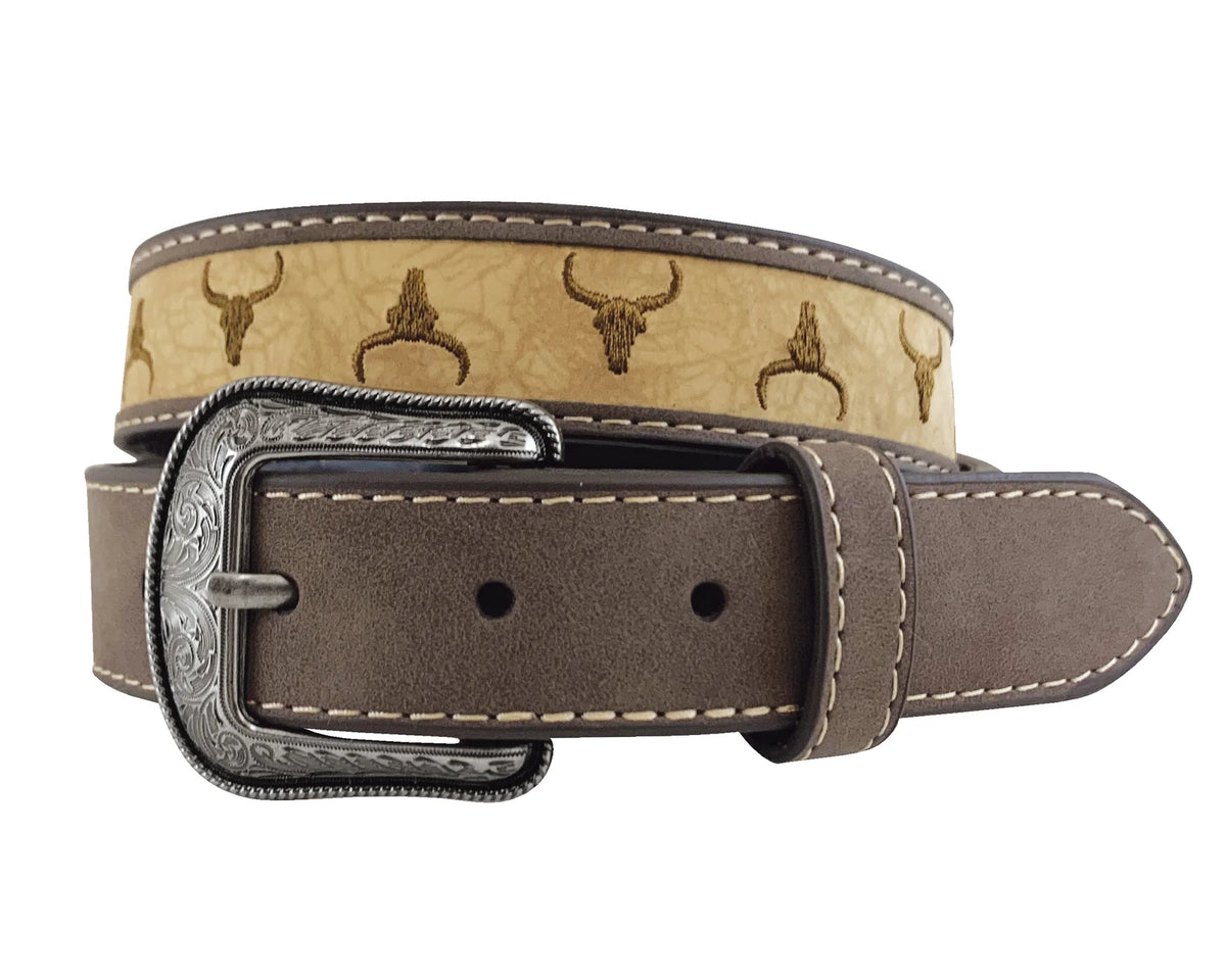 Roper Bys Belt 1.25in Leather Steer Head Embroidered Brown