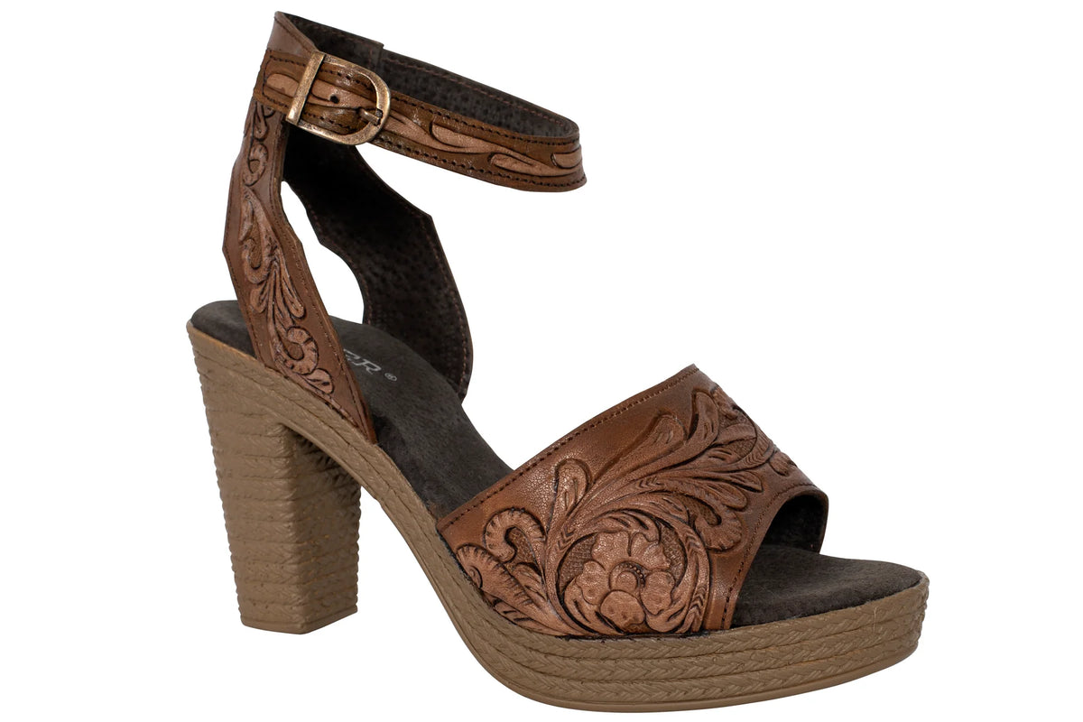 Roper Wms Mika Ankle Strap Brown/Tan Tooled Leather - Black Friday Sale