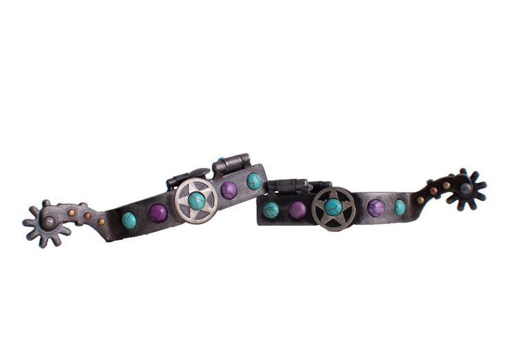 Showman Antique Gray Steel Spur with Purple and Teal Marble Studs