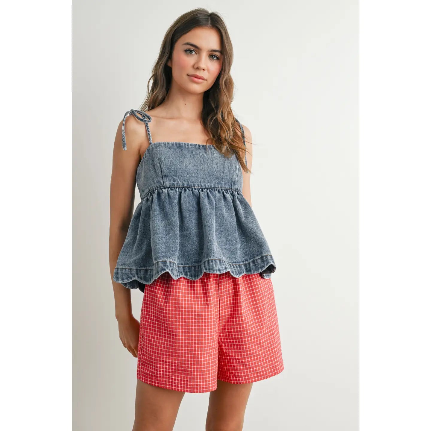 Denim Tie Strap Peplum Top
