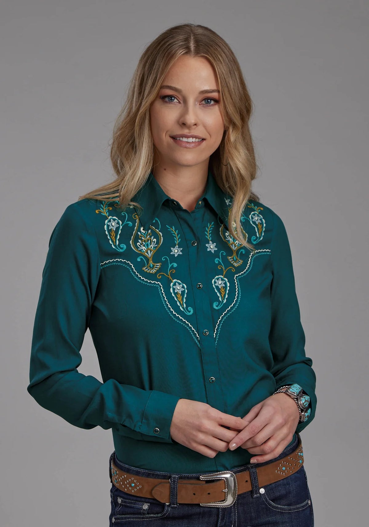 Roper Wms Studio West Collection LS Shirt Solid Green