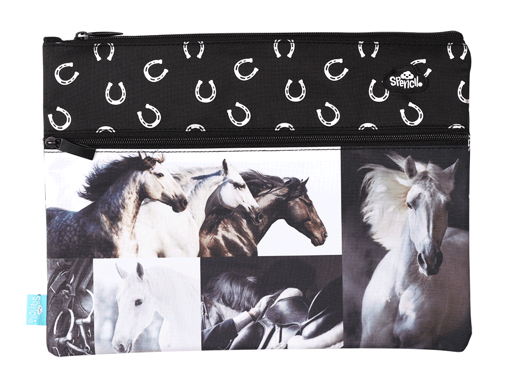 Spencil A4 Twin Pencil Case - Black and White Horses