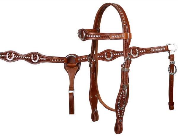 Showman Double Stitched Fully Tooled Leather Bridle and Breastplate Set with Horseshoe Conchos and Rhinestone