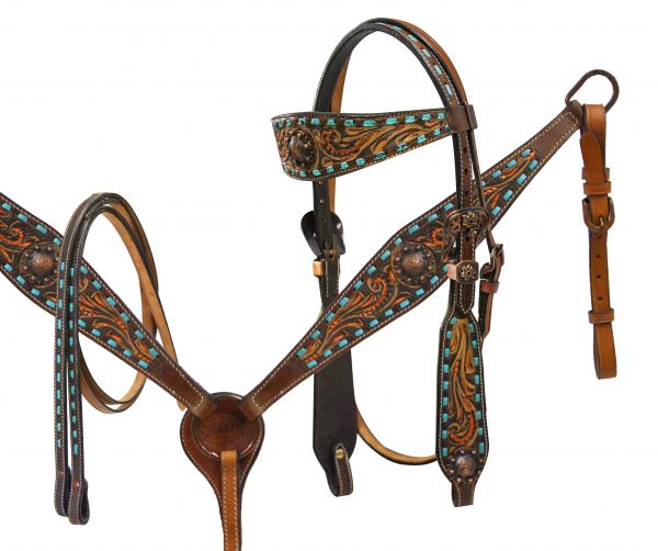 Showman Teal Buck Stitched Bridle and Breastplate set with Engraved Bronze Conchos