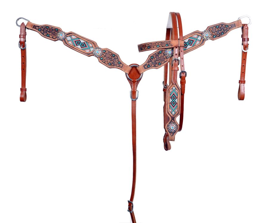 Showman Medium Oil Browband Beaded Inlay Bridle and Breastplate Set