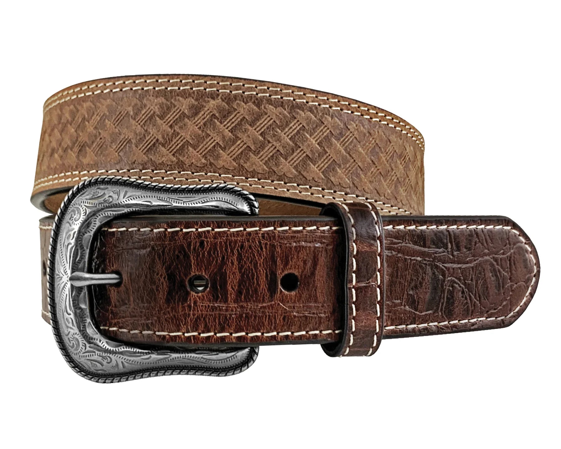 Roper Mns Belt 1.5in Leather Basket Weave Embossed with Croc Embossed Tabs Brown