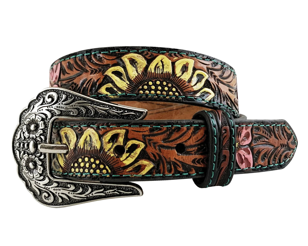 Roper Gls Belt 1in Leather Hand Tooled Sunflower Brown