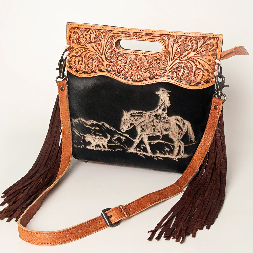 Cowhide Tan Leather Fringe Bucket Bag