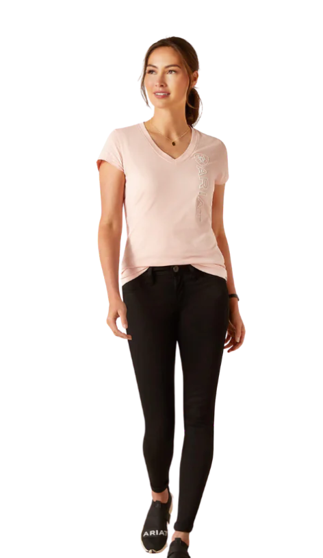 Ariat WMs Vertical Logo V Neck SS T Shirt Blushing Rose - End of Season Sale