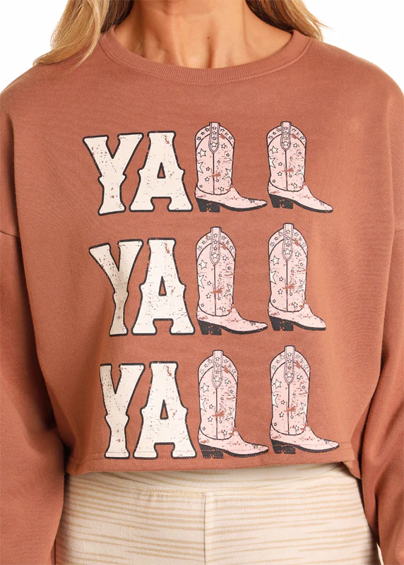 Rock and Roll Ladies Brown Yall Graphic Cropped Sweater Pullover