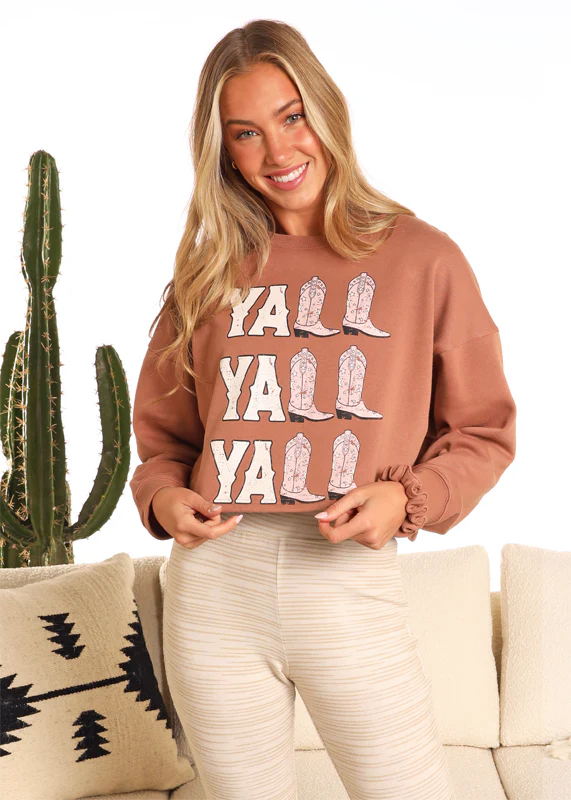 Rock and Roll Ladies Brown Yall Graphic Cropped Sweater Pullover