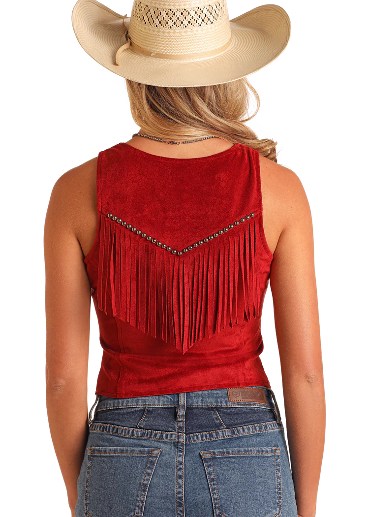 Rock and Roll Studded Microsuede Fringe Vest Red