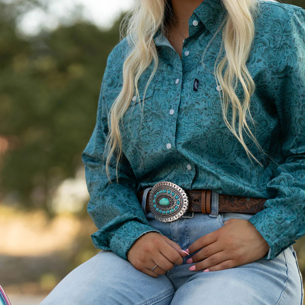 Hooey Medina 1.5in Tan Floral Embossed with Faux Turquoise Aztec Scalloped rodeo Buckle