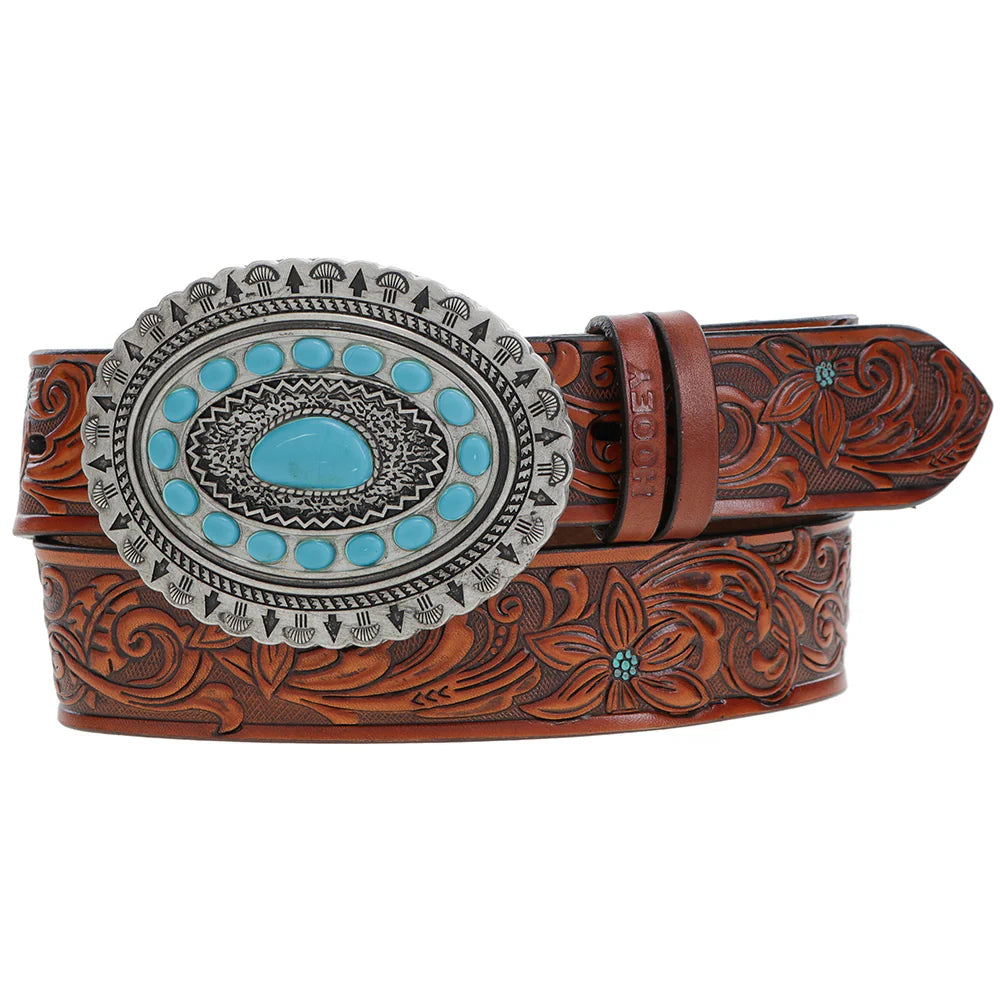 Hooey Medina 1.5in Tan Floral Embossed with Faux Turquoise Aztec Scalloped rodeo Buckle