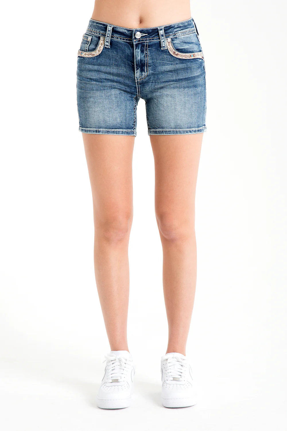 Grace in LA Buckle Aztec Details Mid Rise Denim Shorts Saddleworld Ipswich