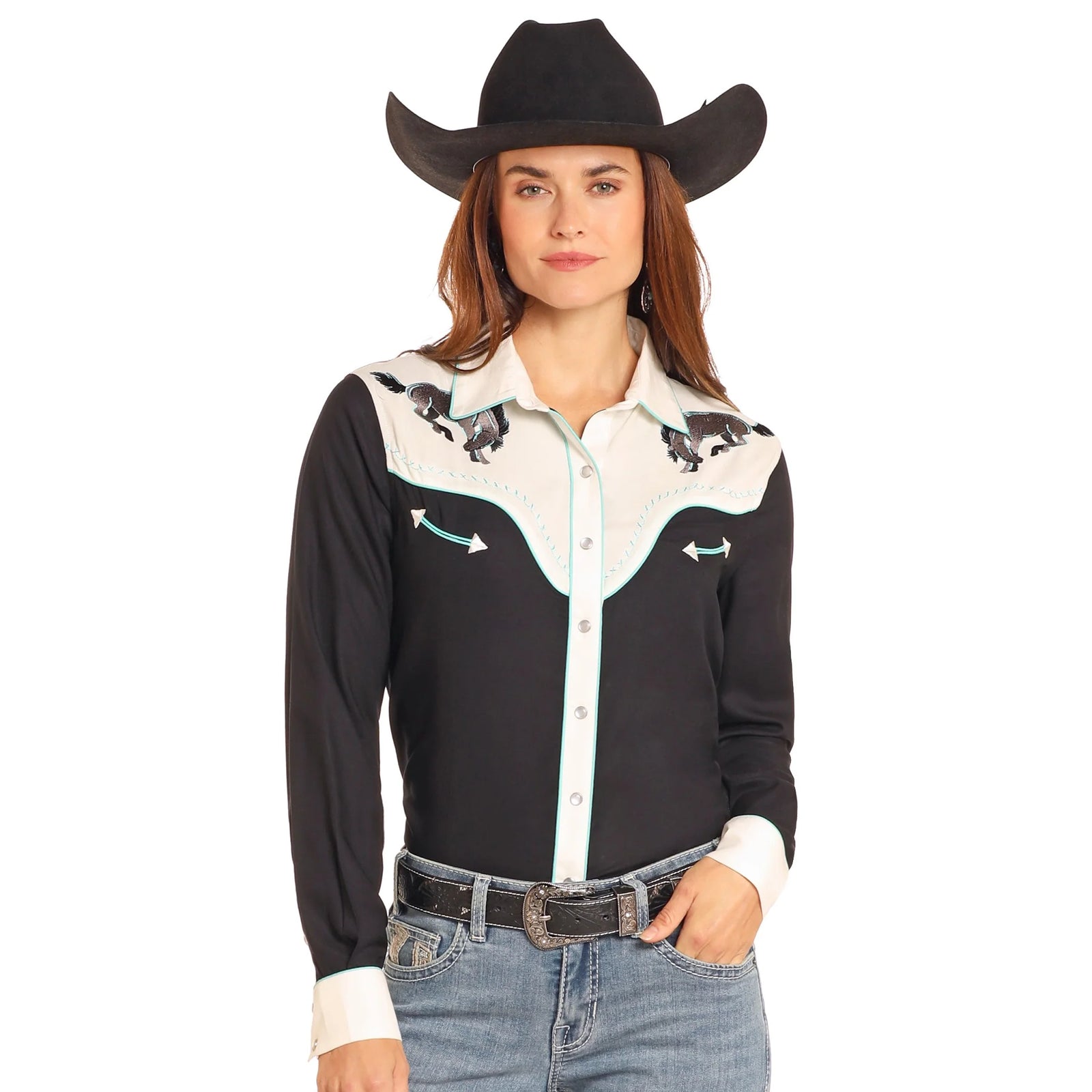 Panhandle Ladies Retro Horse Embroidery Black Snap Shirt Saddleworld Ipswich