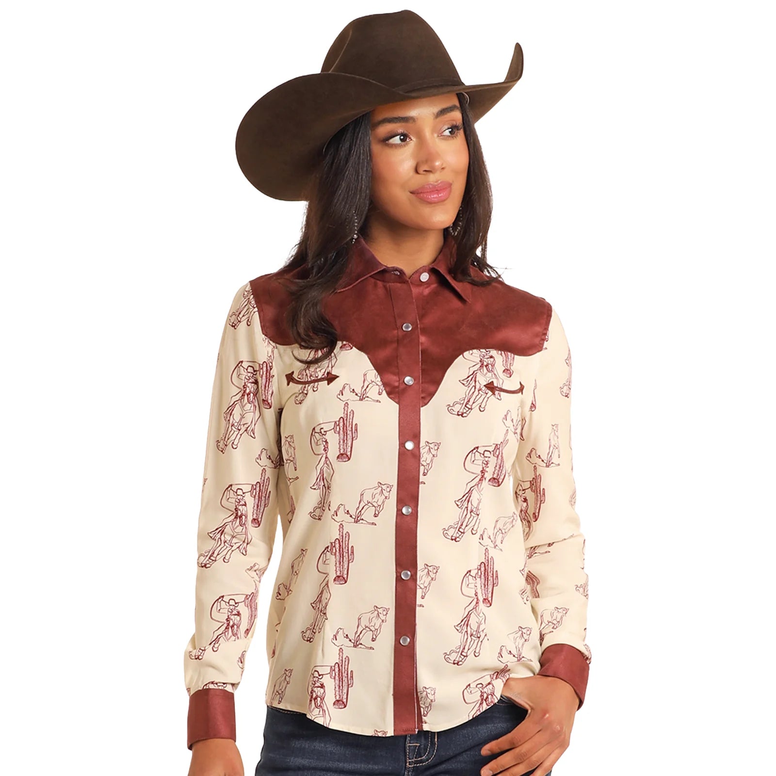 Rock and Roll Denim Ladies Retro Western Eggshell Button Down Shirt