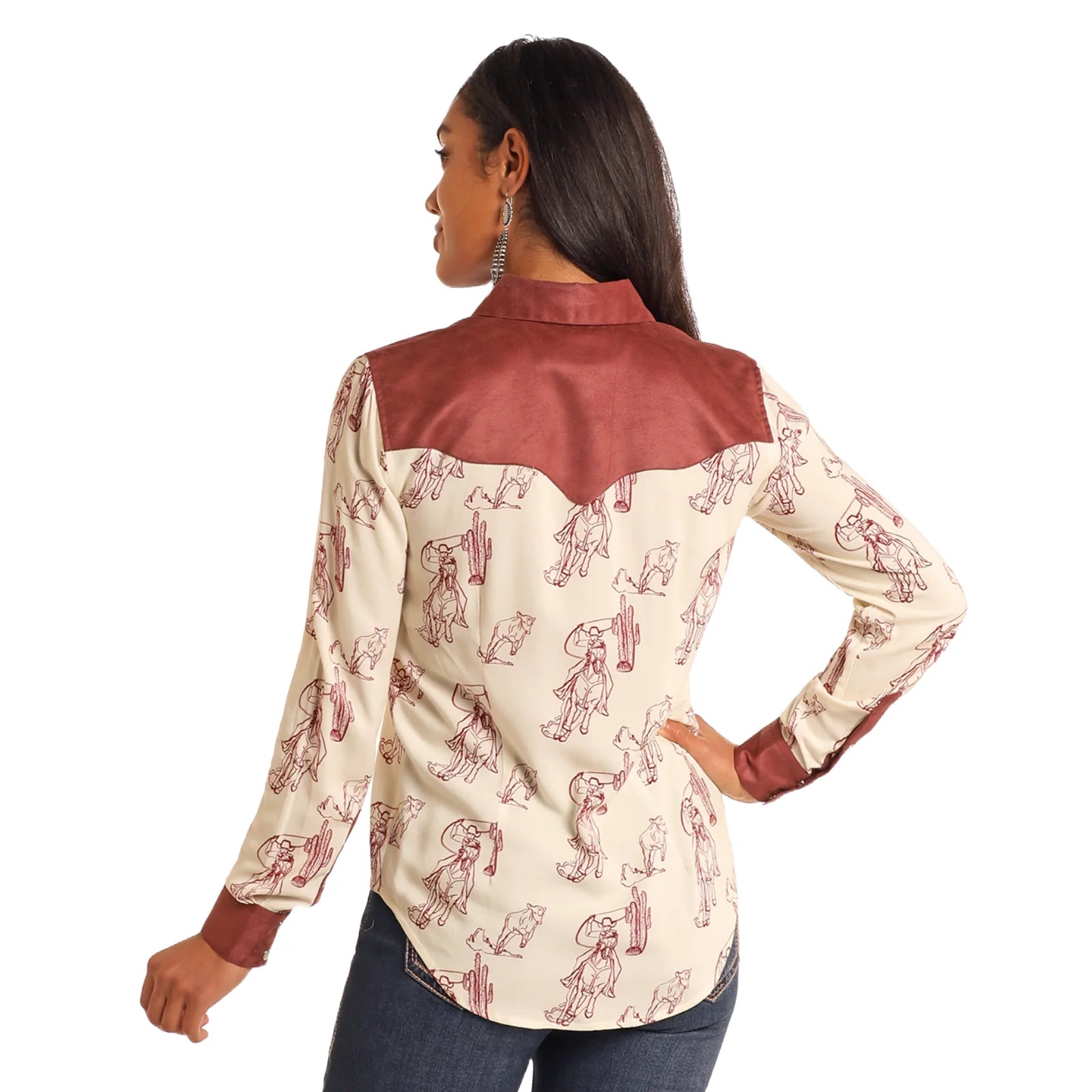 Rock and Roll Denim Ladies Retro Western Eggshell Button Down Shirt