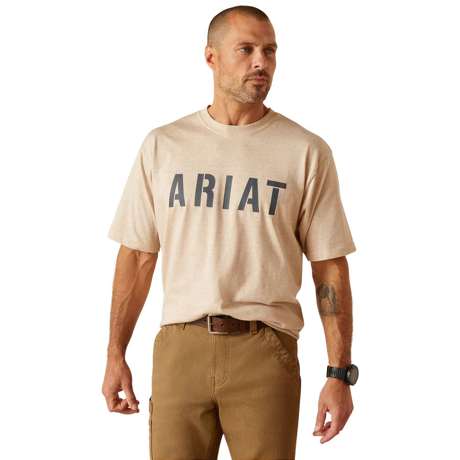 Ariat Mns Rebar Cotton Strong Block SS T Shirt Oatmeal Heather