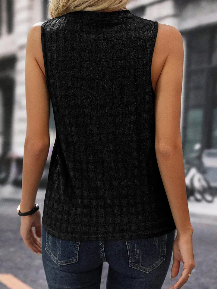 Tetured Split Neck Sleeveless Top