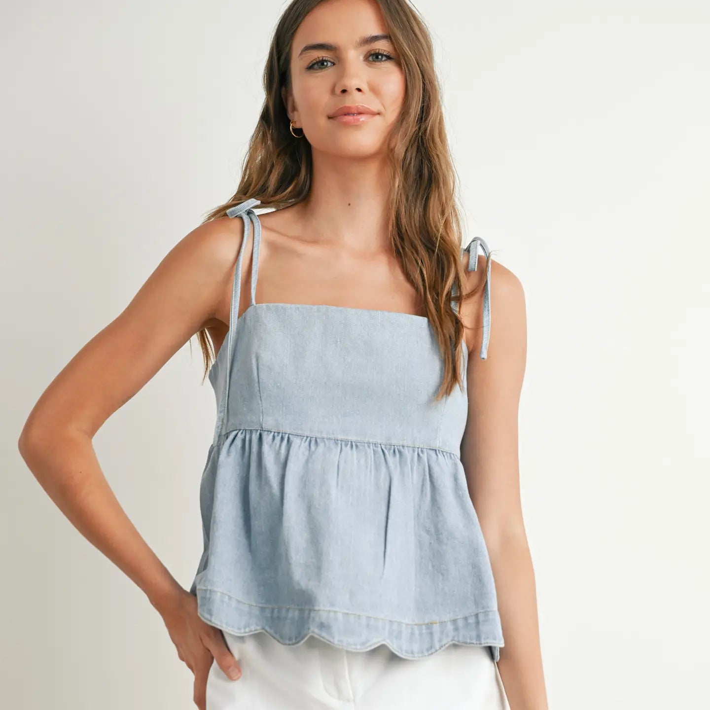 Denim Tie Strap Peplum Top