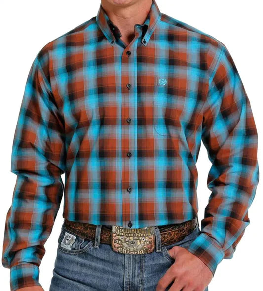 Cinch Mens Brown/Teal Plaid Arena Shirt - Saddleworld Ipswich