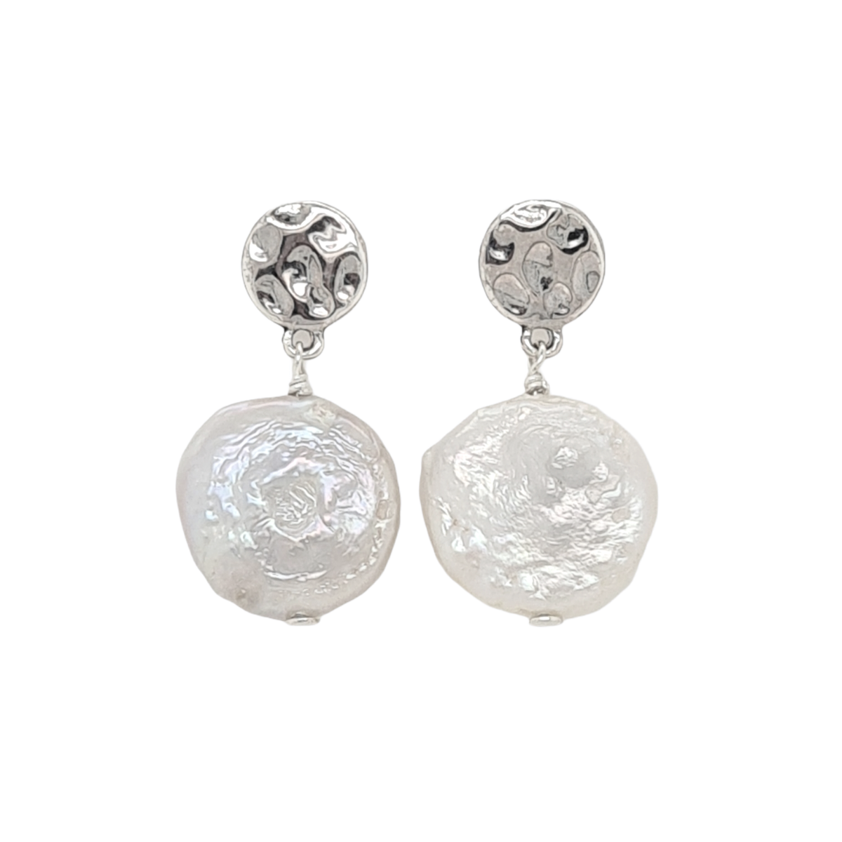 Earring Sterling Silver and Pearl Hammered Disc