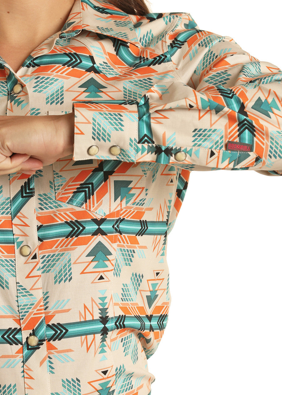 Rock and Roll Cowgirl Aztec Print Long Sleeve Snap Shirt