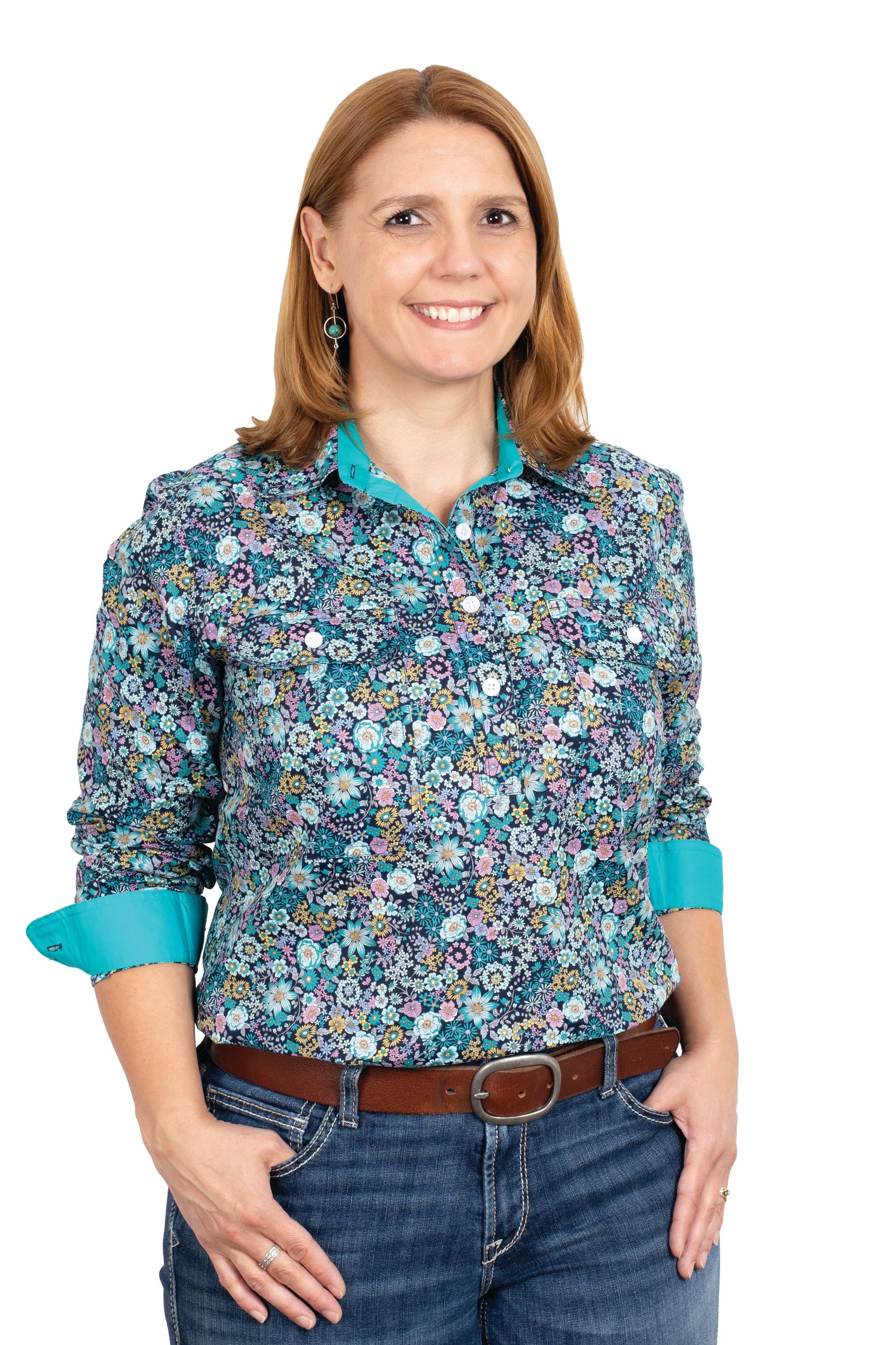 Just Country Wms Georgie Half Button Workshirt Black Turquoise Garden - Renovation Sale