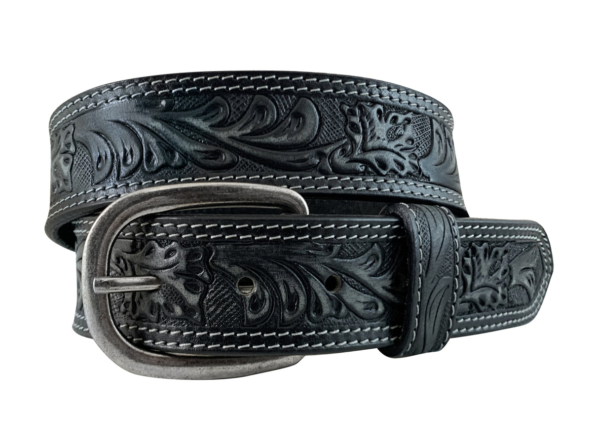 Roper Wms Belt 1.5in Floral Embossed Distressed Leather Black