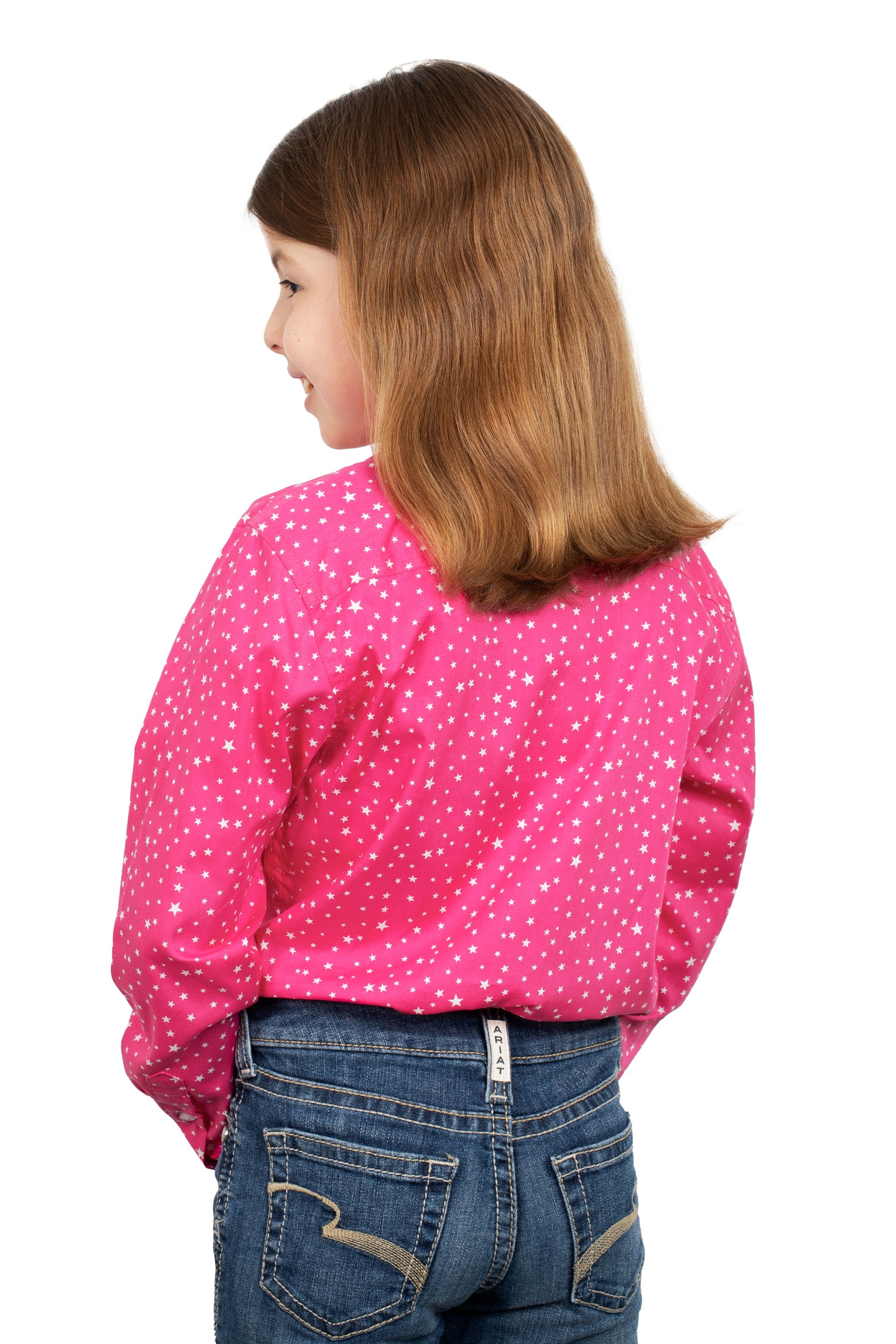 Just Country Gls Harper Half Button Print Workshirt Hot Pink Stars