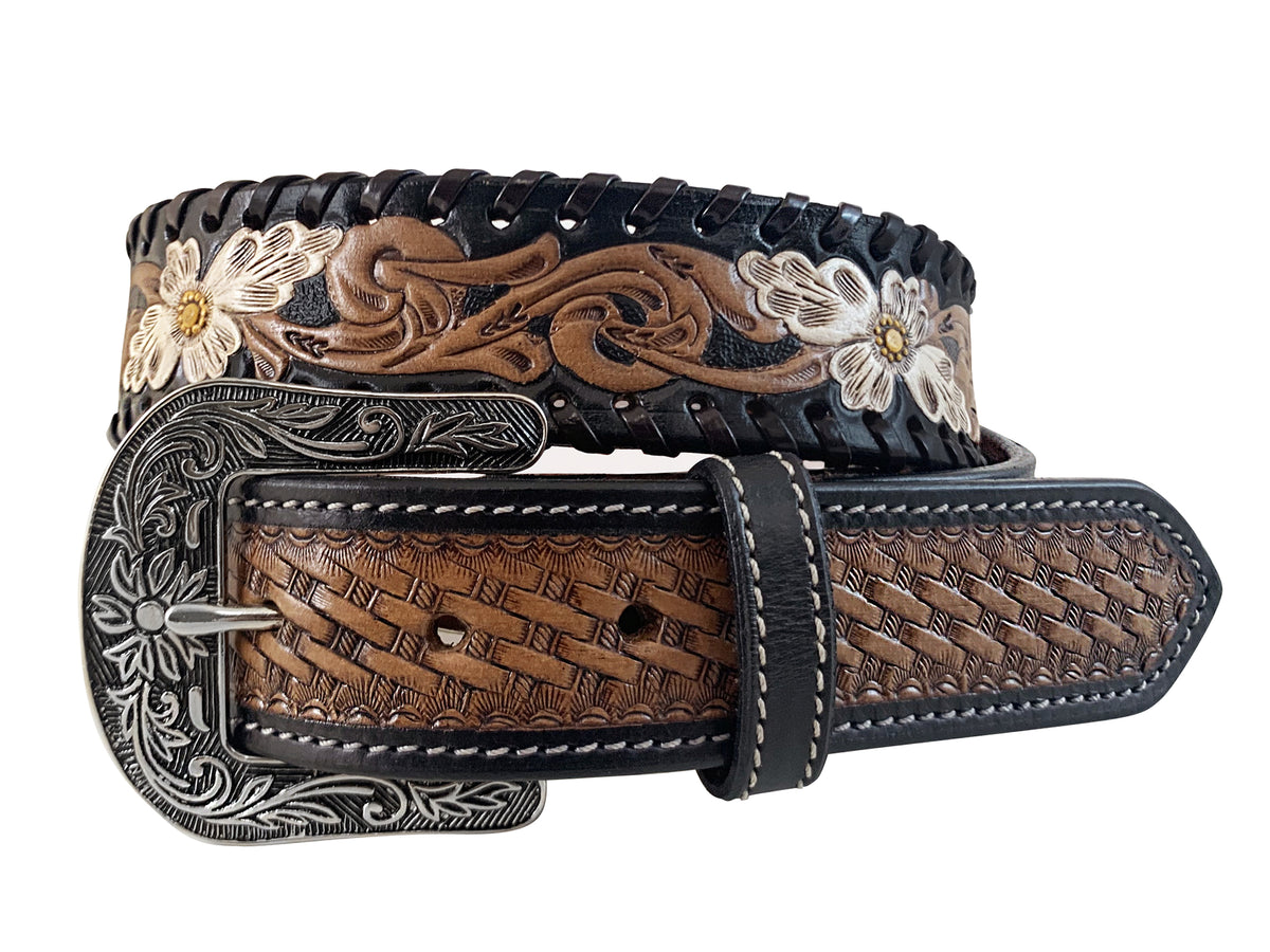 Roper Wms Belt 1.5in Western Floral Tooled Leather with Basket with Tabs - Winter Clearance