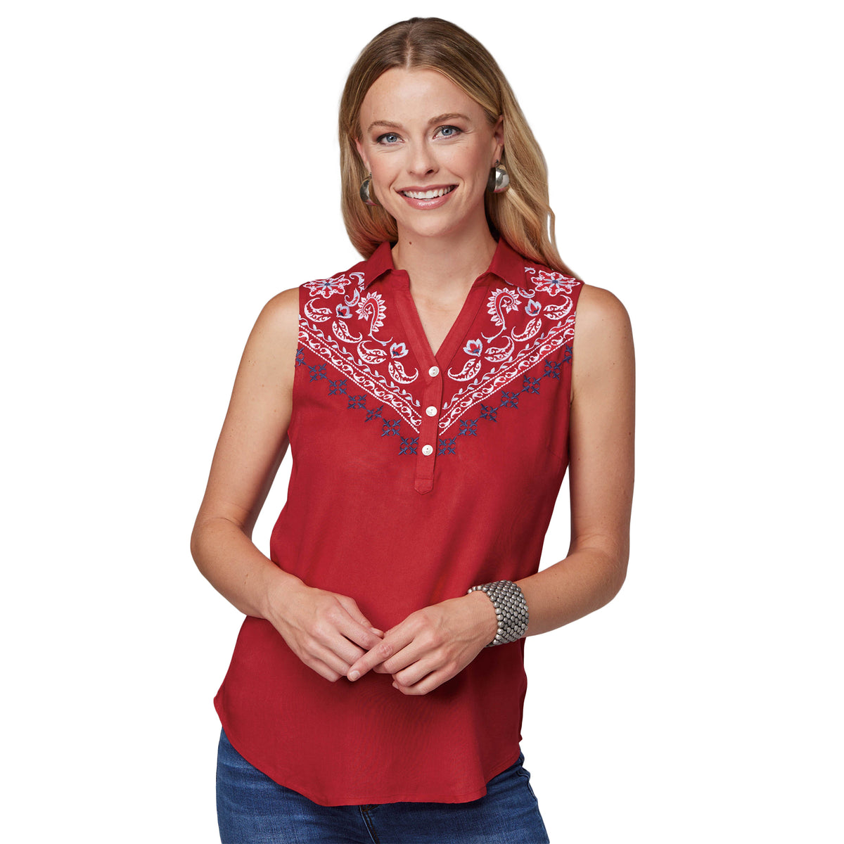 Roper Wms Studio West Collection Sleeveless Solid Blouse Red