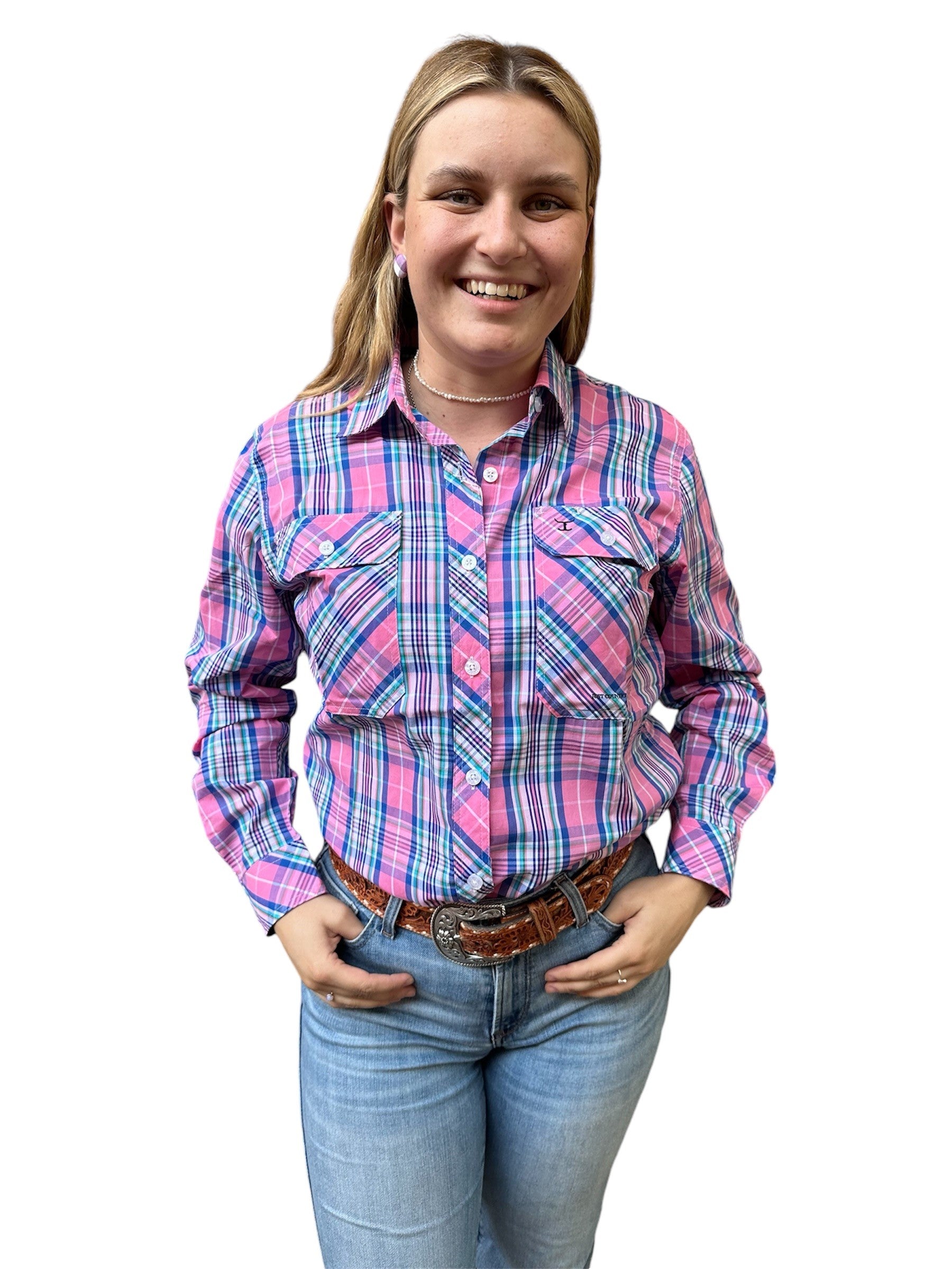 Just Country Wms Abbey Long Sleeve Full Button Print Workshirt Hot Pink Plaid