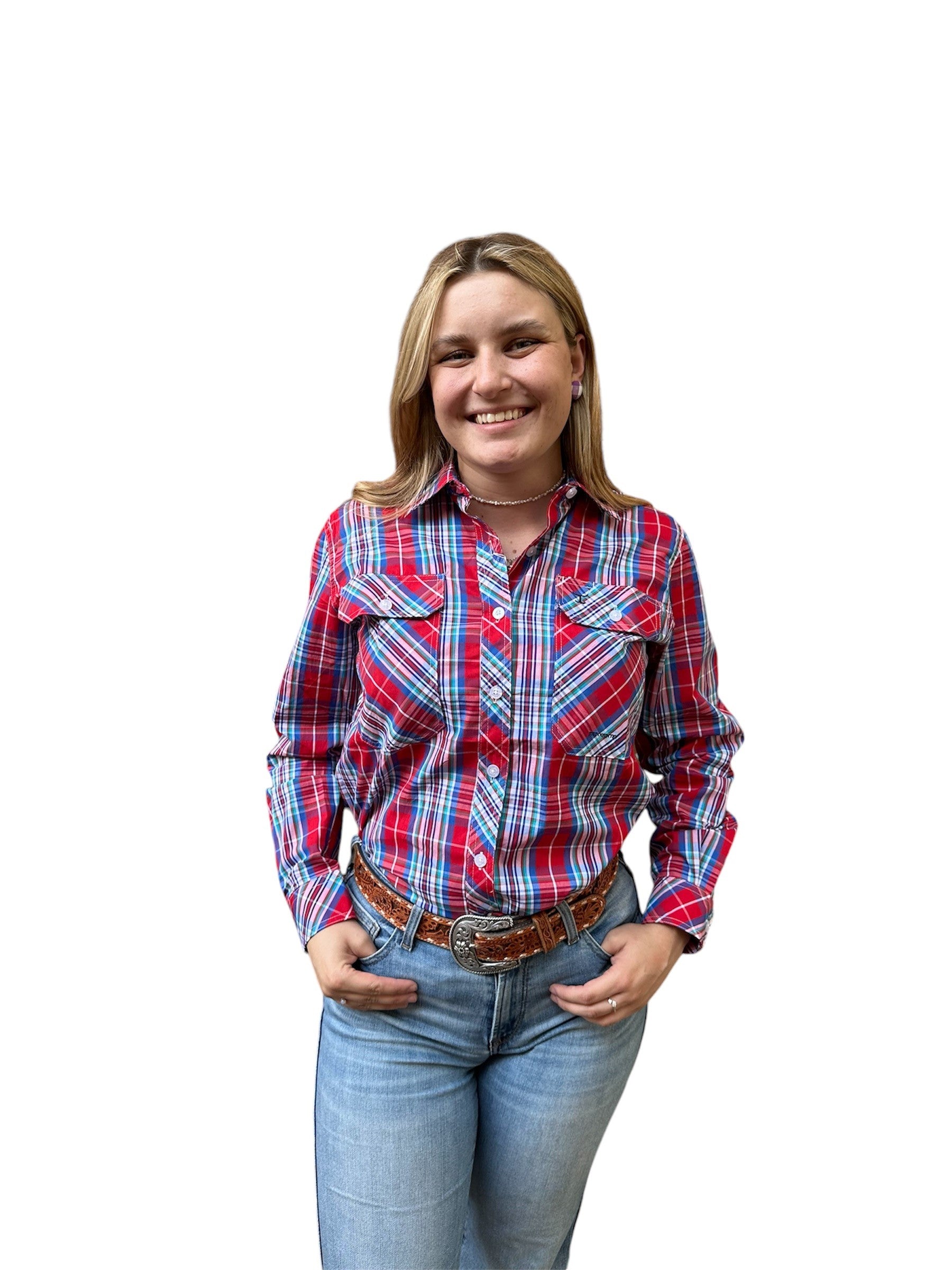 Just Country Wms Abbey Long Sleeve Full Button Print Workshirt Chilli Red Plaid