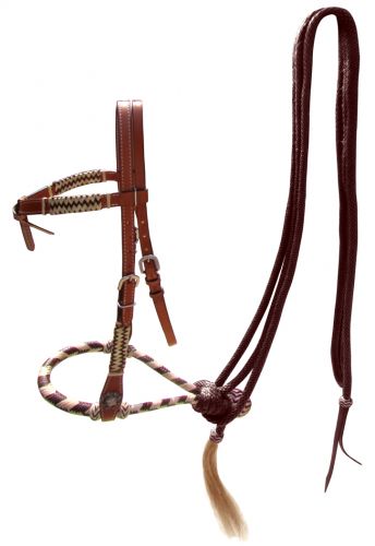 Showman Leather Futurity Knot Headstall with Brown Rawhide Braided Bosal and Brown Nylon Mecate Reins