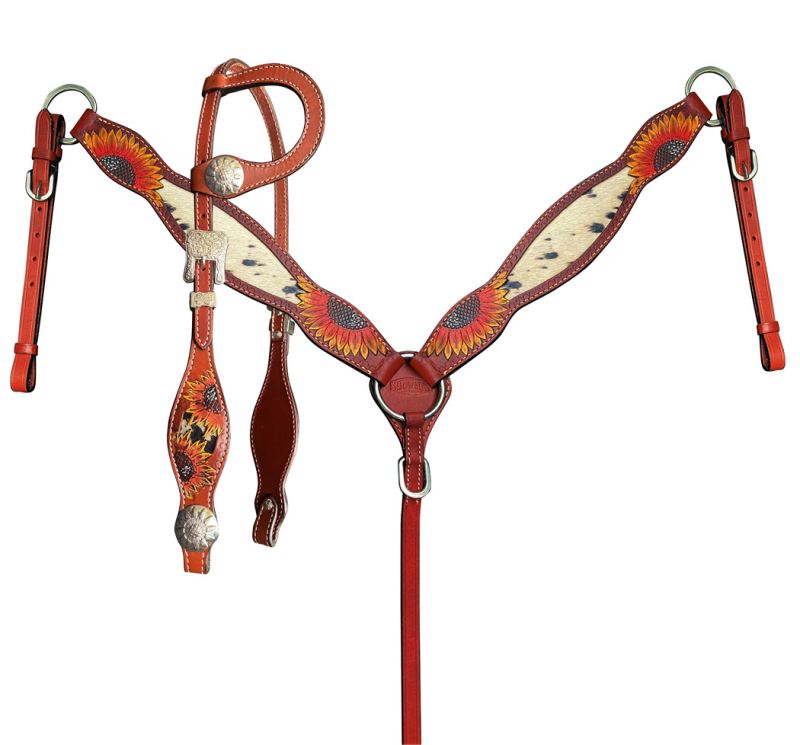 Showman Medium Oil Painted Sunflower One Ear Bridle and Breastplate Set with Hair On Cowhide